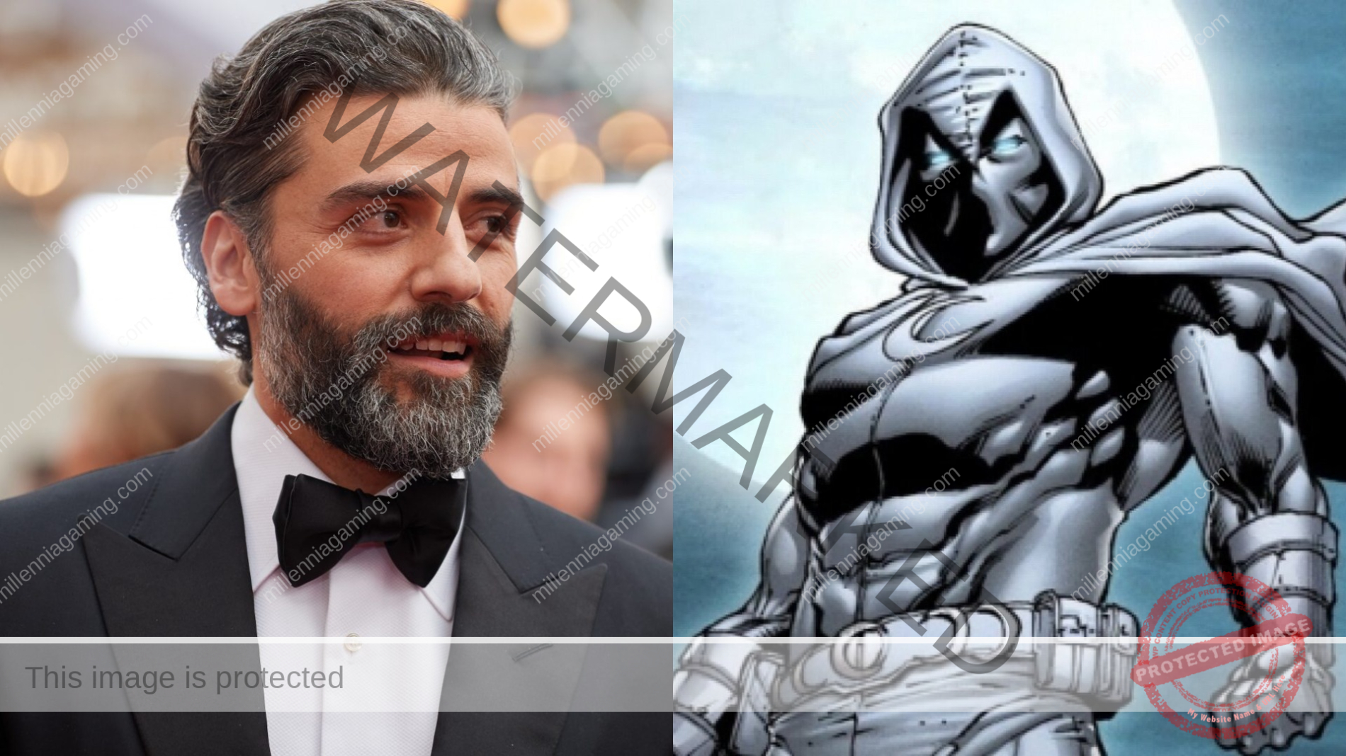 Oscar Isaac staat links en het Moon Knight personage staat rechts op de foto.